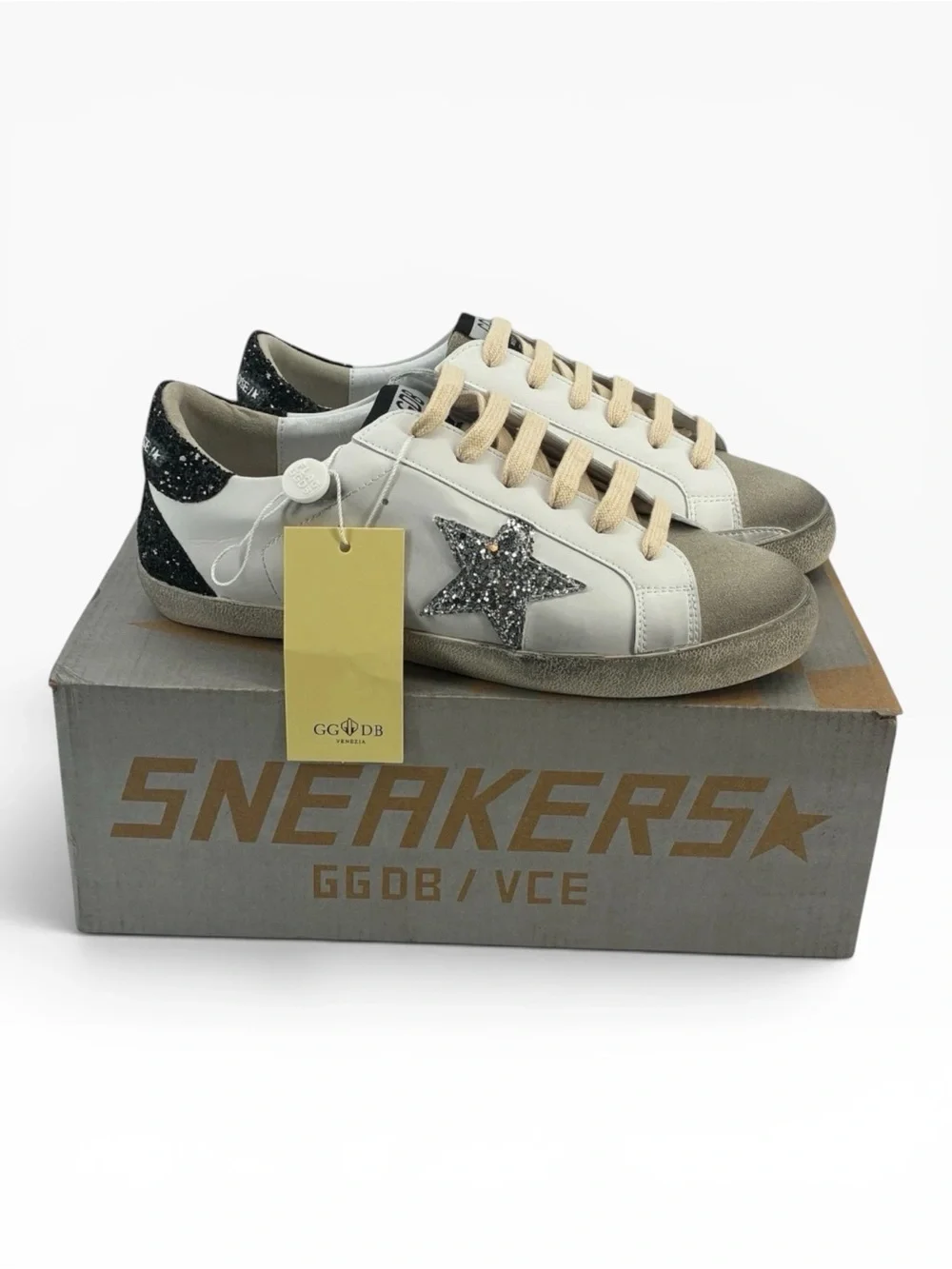 Golden Goose Superstar White Silver Black Glitter Star NIB 8.5
